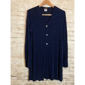 Citiknits Slinky Top Medium Navy Blue Long Line Button Front Lagenlook Acetate